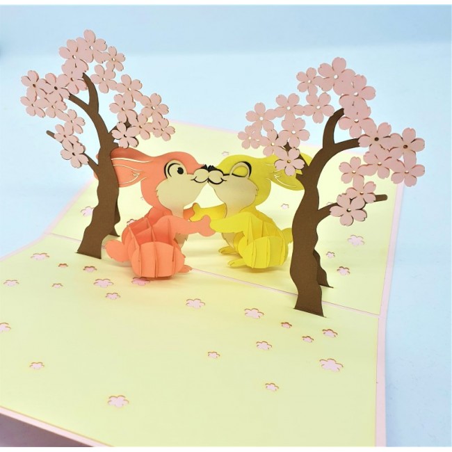 Handmade 3d Popup Card Two Rabbits In Love Sakura Tree,pink Sweet Forest,birthday,wedding Anniversary,engagement,big Day,valentine's Day Her